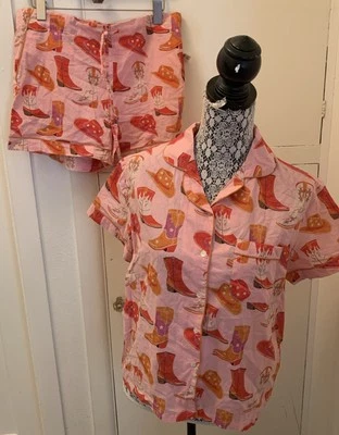 Conjunto de pijama corto rosa naranja algodón con motivos de vaquera de caoba hecho a mano por Foto 1 de 4
