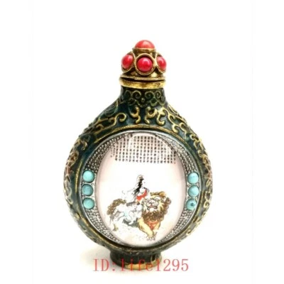 Botella de tabaco de 3 pulgadas con incrustación de bronce de China antigua pintura león Avalokitesvara Foto 1 de 4