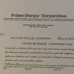 Vintage c1950 Stock Certificates (2) - Prime-Burger - Carson City, NV - Picture 1 of 3