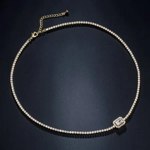 ZARD Choker Tennis Necklace in Emerald Cut Cubic Zirconia Halo Charm Gold Plate - Picture 1 of 7