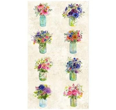 CLOTHWORKS 24" X 44" Panel Cotton Flowers Floral Bouquets Cream Fabric Panel D587.96
