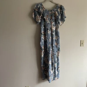 Loveriche Women SZ L Blue Floral Off Shoulder Ruffle Top Wide Leg Jumpsuit NWT - Picture 1 of 12