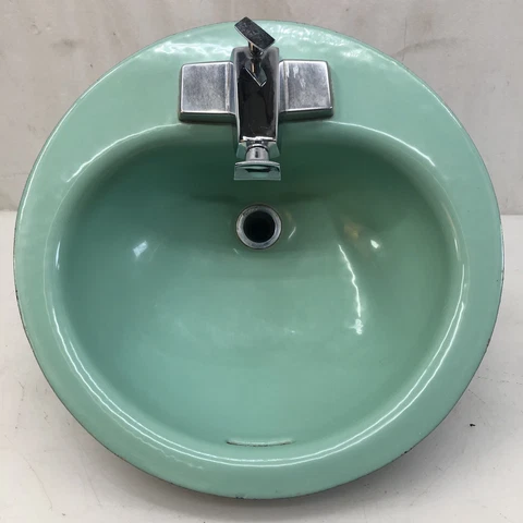 Vtg Mid Century Spruce Jade Green Round Drop In Bath Sink American Standard Cover