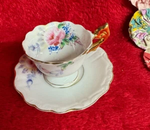 Miniature Cup and Saucer Demitasse Floral and Gold Trim Design - Picture 1 of 5