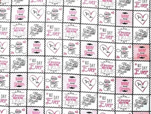 BRIDE/GROOM WORDS PATCHWORK PINK/WHITE/BLACK 100% COTTON FLANNEL FABRIC 42X36 - Picture 1 of 2