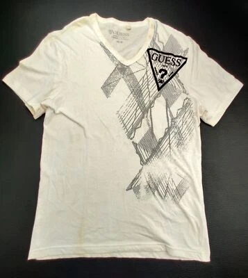 GUESS V-Neck Men's Medium  Graphic Short Sleeve Beige/Brown T-Shirt - Image 1 of 4