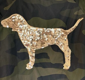 Victorias Secret Pink Bling Sequin Dog Logo Camo Jacket Windbreaker M / L Hood - Picture 1 of 17