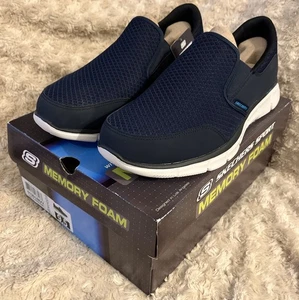 SKECHERS MENS SLIP-ON SHOES navy white  MEMORY FOAM TRAINERS size 8.5 51361 - Picture 1 of 5
