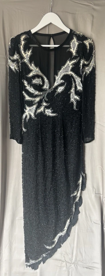 Vintage AJ Bari Dress Black Silver Beads Sequins Asymmetric Dress sz 6 Petite - Image 1 of 4