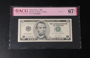 1991 United States Federal Reserve Note 5 Dollars Fr#1991-G ACG 67 EPQ Rare #12B - Picture 1 of 2