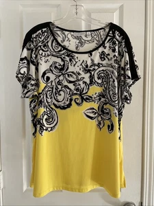 Susan Graver Women yellow black Print Blouse Sz 1XL short Sleeve Gorgeous - Picture 1 of 3