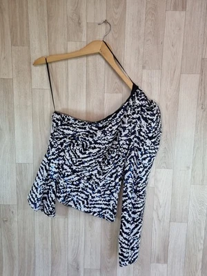 River Island One Shoulder Top - Blue Black & White Sequins Uk 10 Glitzy Party  - Image 1 of 3