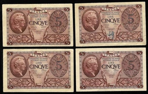 Lot de 4 Billets de 5 lires  WWII 1944 NEUF/SUP (106 ) - Picture 1 of 3