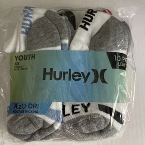 NEW HURLEY Boy Socks 10 Pair 9-11 Shoe 5Y-7Y Low Cut Moisture Wicking Black Wht - Picture 1 of 5