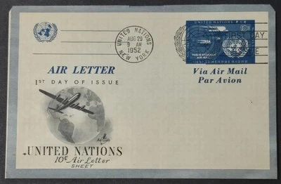 1952 United Nations UC1 Air Letter Sheet FDC. Art Craft Cachet Very Rare - Image 1 of 4