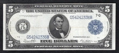 FR. BILLETE DE CINCO DÓLARES DE LA RESERVA FEDERAL DE CHICAGO 871B 1914, MUY BIEN+ Foto 1 de 2