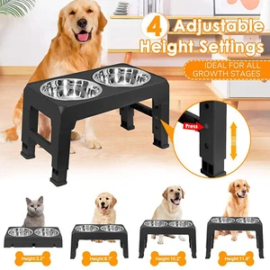 Adjustable Elevated Stand Double Dog Cat Bowls Raised Food &Water Feeding Dishes - Picture 1 of 16