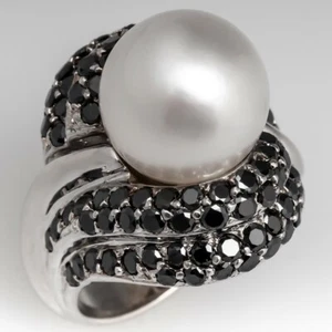 Cultured South Sea (13 mm) Pearl & Black Onyx Cocktail Occasion Ring 925 Silver - Picture 1 of 6