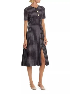 $1895  Altuzarra  Myrtle Striped Button Midi-Dress Color Truffle Size 34 (2) - Image 1 of 4