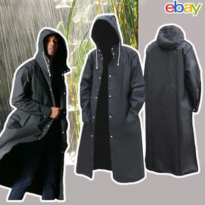 Waterproof Long Black Raincoat Men woman Rain Coat Trench Jacket Hooded Outdoor - Picture 1 of 5