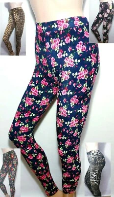 Womens Floral Velvet Leggings Full Length High Waist Plush Velour Ribbed Pants - Image 1 of 4