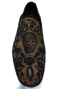 Pre owned Donald Pliner Shoe Loafer Slip On Black tan Fishnet Lace Skull 12 - Picture 1 of 3