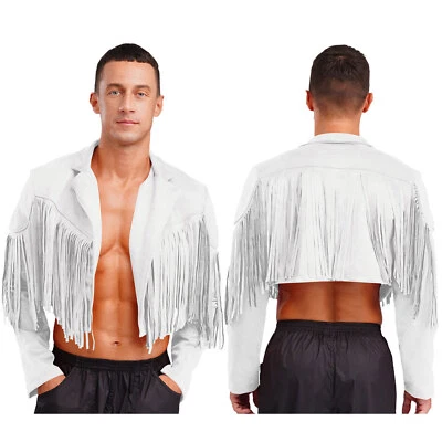 Chaqueta de vaquero occidental con borla frontal abierta de cuero gamuza sintética con flecos para hombre Foto 1 de 3