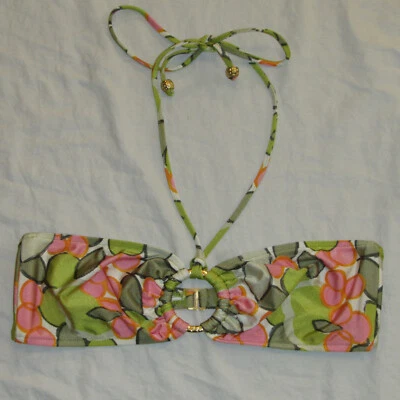 Milly Cabana Green Pink Mod Floral Retro Bandeau Halter Convertible Bikini Top L - Image 1 of 3