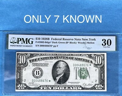 1928B $10 NEW YORK ONLY 7 KNOWN - FRN PMG 30 FR 2002-BDGS* DARK GREEN SEAL - Image 1 of 3