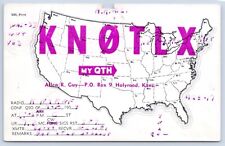 QSL CB Ham Radio Card KNØTLX Allen R Guy Holyrood Kansas KS 1959 US Map Locator