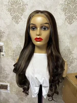 Peluca de cabello humano 100 % recta larga negra marrón resaltada pelucas delanteras de encaje 13x4 Foto 1 de 4