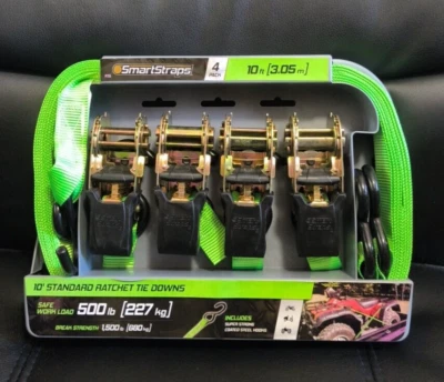 SmartStraps 10' Standard Rachet Tie Downs 4 Pack 1,500lb Break Strength NEW - Image 1 of 4