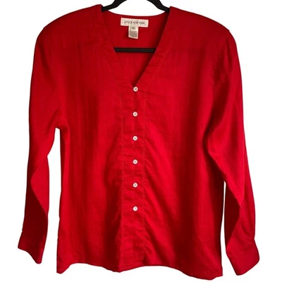 Jones New York 100% Linen Blouse Button Front Long Sleeves V-Neck Sz 12 Preppy - Image 1 of 4