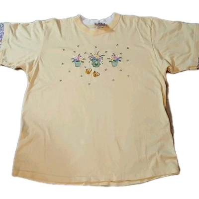 Vtg Top Stitch By Morning Sun Women's Sz XL Floral Embroidered Bees Pots READ - Image 1 of 4