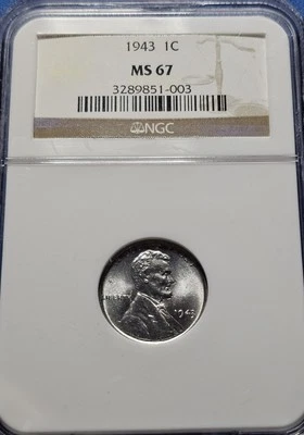 1943 P LINCOLN STEEL CENT NGC MS67 UNCIRCULATED WHEAT PENNY - Image 1 of 2