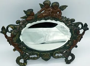 Jugendstil ovaler Eisen abgeschrägter Spiegelrahmen Staffelei Boden mit Engeln und Amoren - Bild 1 von 14