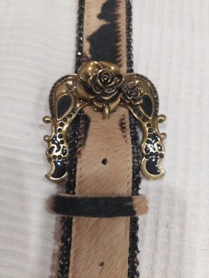 Betsey Johnson cow hair genuine leather rose Buckle jeweled belt Medium 31-35 - Image 1 of 4