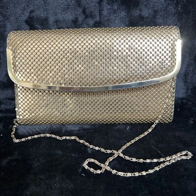 "Bolso de mano vintage de malla metálica dorada bandolera cadena cierre a presión fiesta 10""x6""" Foto 1 de 4