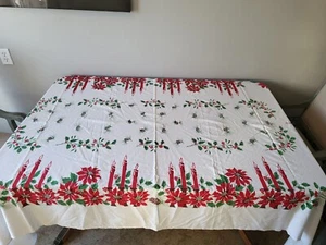 Vintage MCM 1950's Christmas Tablecloth 91 x 58 Candles Poinsettias Pine Cones - Picture 1 of 12