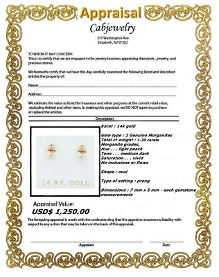 GENUINE 1.20 Cts MORGANITE STUD EARRINGS 14K GOLD - Free Appraisal Service - NWT - Image 1 of 4