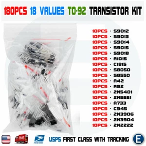 180Pcs 18 Value Transistor TO-92 Kit 2N3904 2N3906 C1815 2N2222 2N5401 2N5551 - Picture 1 of 4