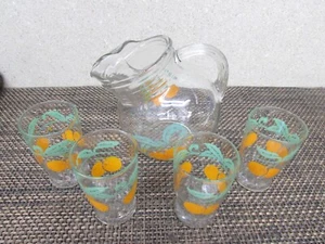 VINTAGE ANCHOR HOCKING 1950'S BALL TILTED ORANGE JUICE PITCHER W/ 4 GLASSES - Picture 1 of 5