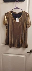 Torrid 0X NWT Liquid Shine Bronze Crew Neck Top Plus, Lightweight, Short Sleeve - Picture 1 of 8