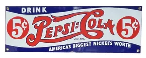 Pepsi Cola Sign 5¢ Porcelain Enamel Heavy Metal Reproduction Ande Rooney 18"x6" - Picture 1 of 4