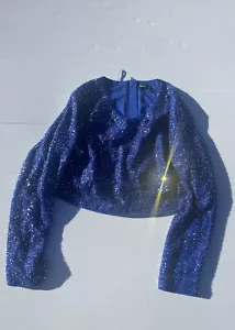 You & All Size 18 Women’s Blue Sequin Crop Top Long Sleeve Blouse Zip Close - Picture 1 of 12