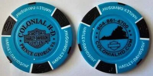 COLONIAL HARLEY-DAVIDSON Prince George VA Neon Blue/Black Signature Poker Chip - Picture 1 of 3