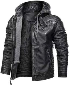 Mens Distressed Black Hoodie Motorcycle Biker Real Leather Jacket Removable Hood - Picture 1 of 5
