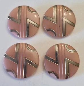 4er Set Vintage mittelgroße rosa Glasknöpfe mit silbernem Metall wie geometrisches Design - Bild 1 von 3