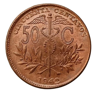 BOLIVIA 50 CENTAVOS 1942 - COMMEMORATIVE - RED UNC COIN - Picture 1 of 4