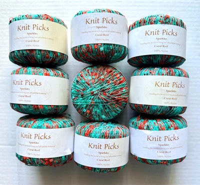 LOTS of 9 Knit Picks Sparkles "CORAL REEF "  (100% Nylon) Ladder Ribbon Yarn - Image 1 of 4